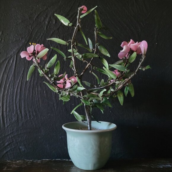 Vtg Jade Cherry Blossom Bonsai In Celadon Pot, Chinoiserie Flower, Asian Decor - Picture 4 of 7